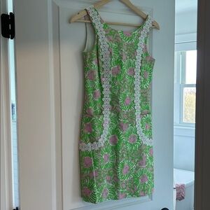 Floral Green and Pink Sleeveless Dress with Lace Trim